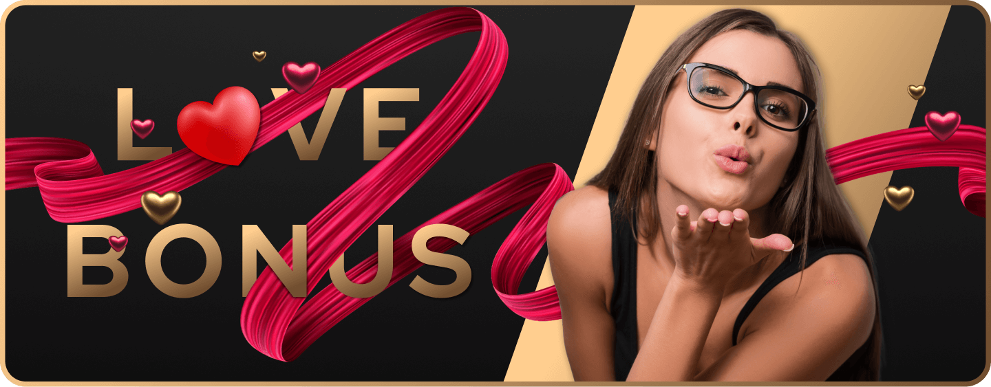 Love Bonus promotional banner with red ribbons and hearts